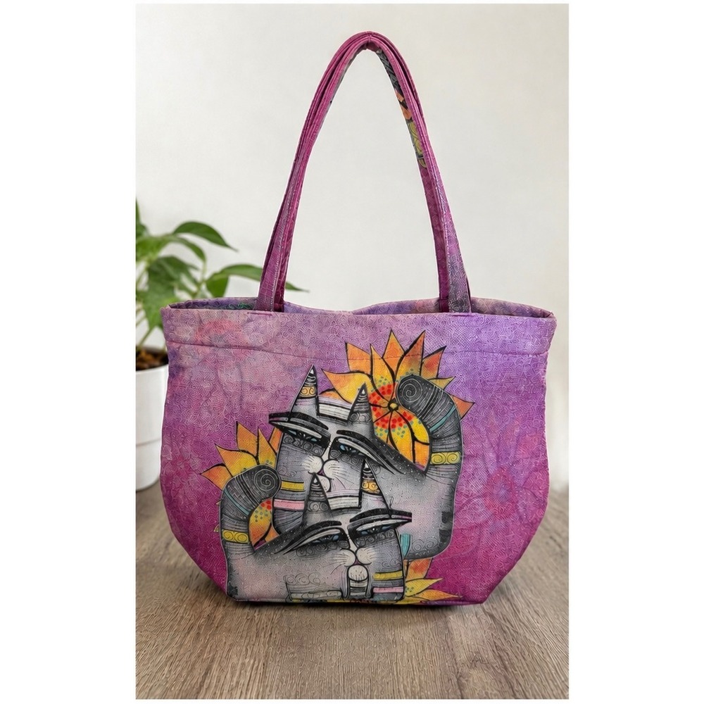 Albena Handmade Purple Cat Art Tote Bag Made in USA Large Shoulder Bag Artsy